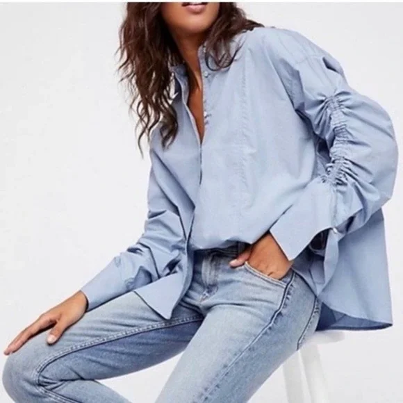 FREE PEOPLE Blue 100% Cotton Brown Eyed Girl Top Poplin Blouse Size S $88 NEW - Picture 2 of 8